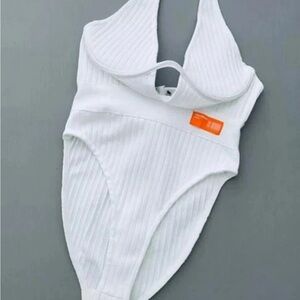 Public Desire White Ribbed Bodysuit